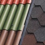 A sample board displays colorful corrugated metal roof panels beside textured hexagonal asphalt shingles for comparison.