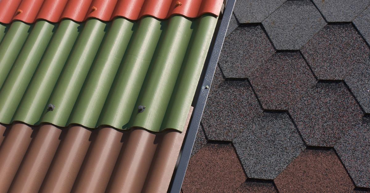 A sample board displays colorful corrugated metal roof panels beside textured hexagonal asphalt shingles for comparison.