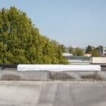 A section of a modified bitumen roof on a flat commercial building with two vents, facing a tree-studded cityscape.