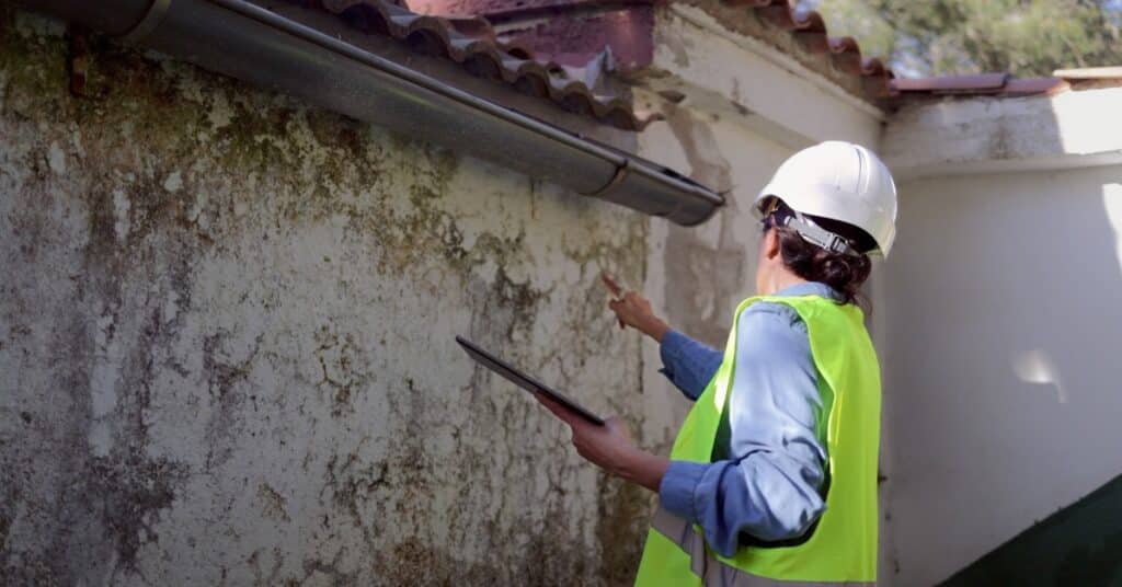 A person in a hard hat and yellow safety vest holding a tablet near a stained exterior wall below a gutter.