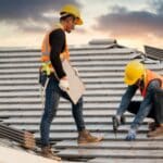 A pair of men in yellow hard hats and orange safety vests installing gray roof tiles with a cordless drill.